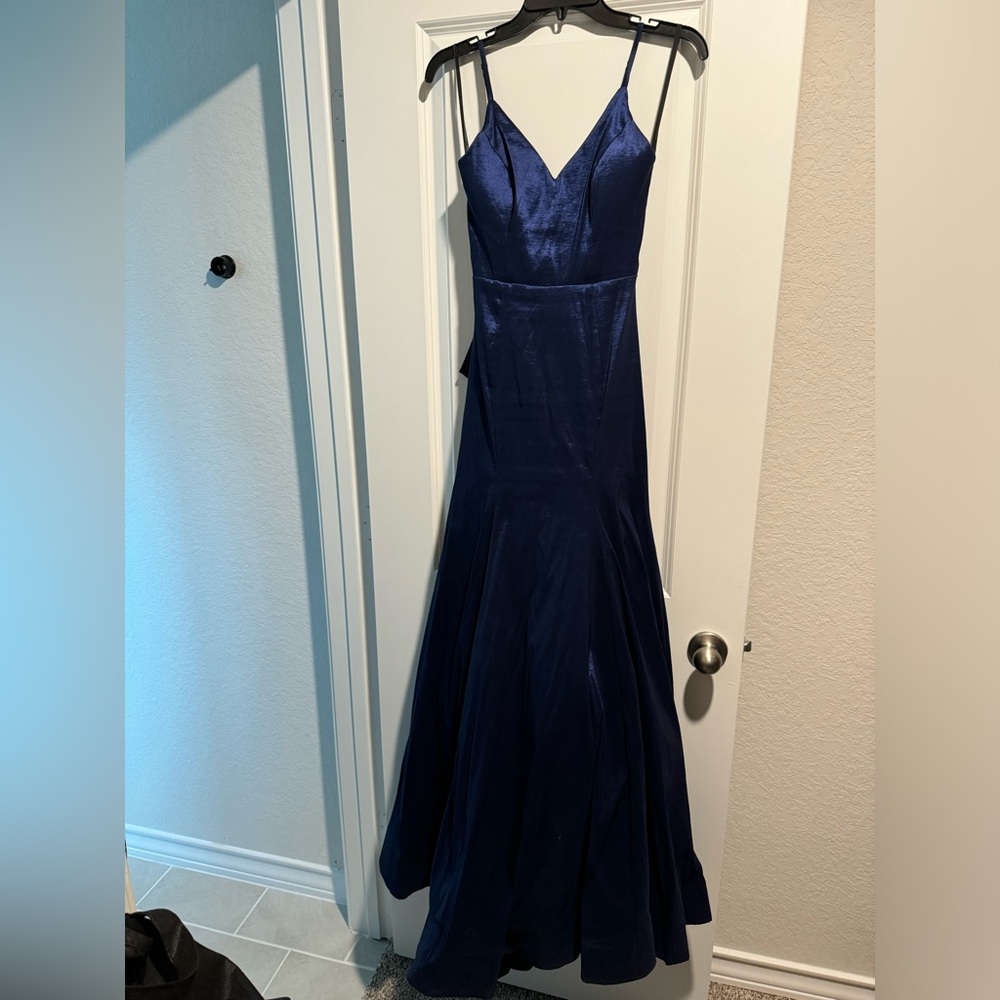 B DARLIN navy ball gown with bow detail